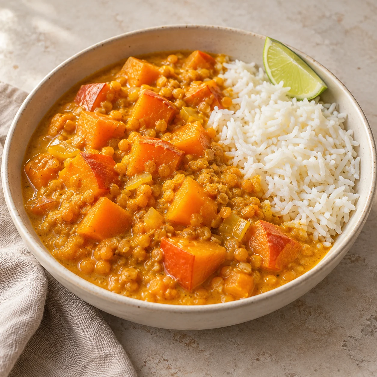 Kürbis-Linsen-Curry mit Reis