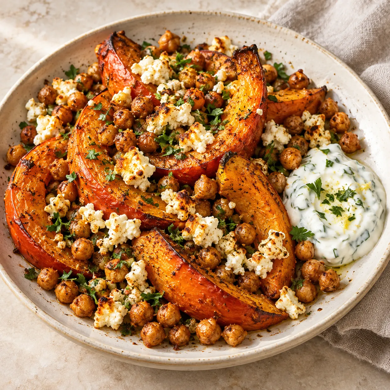 Ofenkürbis mit Kichererbsen & Feta